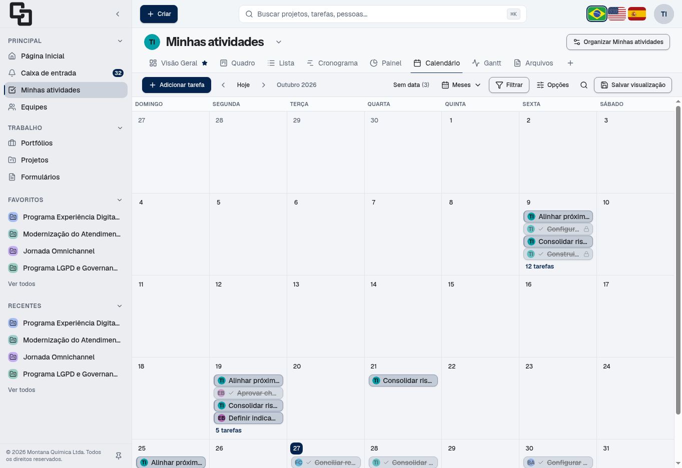 Calendário de Minhas atividades com tarefas distribuídas pelas datas.