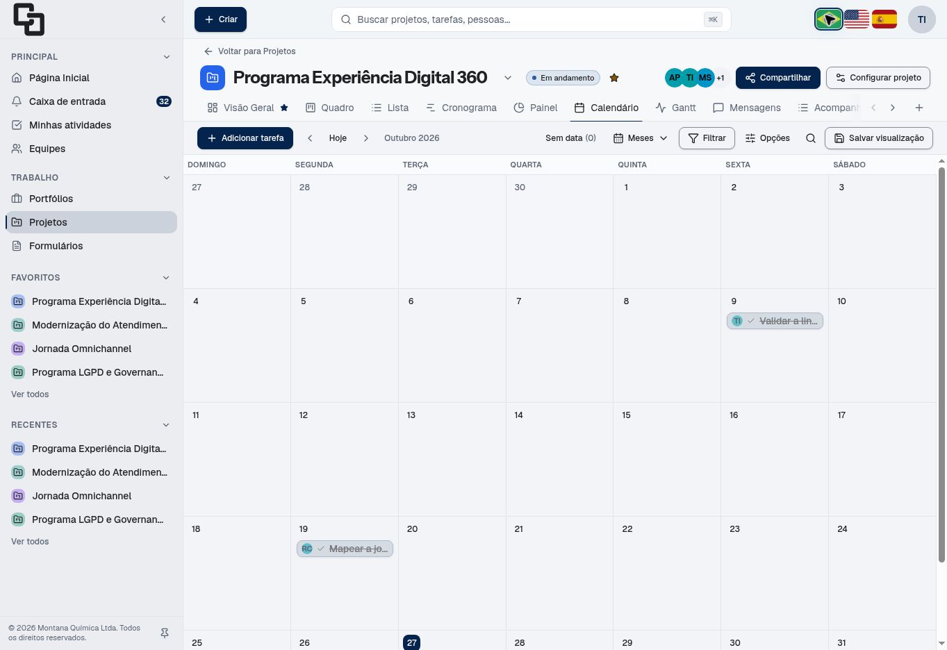Captura do Tark: Calendário do projeto.