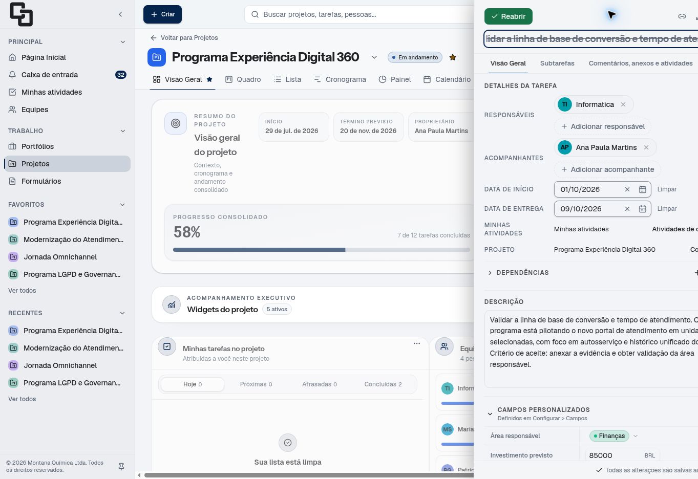 Painel de detalhes da tarefa com a guia Comentários, anexos e atividades disponível, usando dados de demonstração.